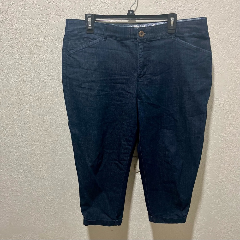 Intro. love the fit Hailey Sunwashed Twill Stretch Dark Blue Capri Pants